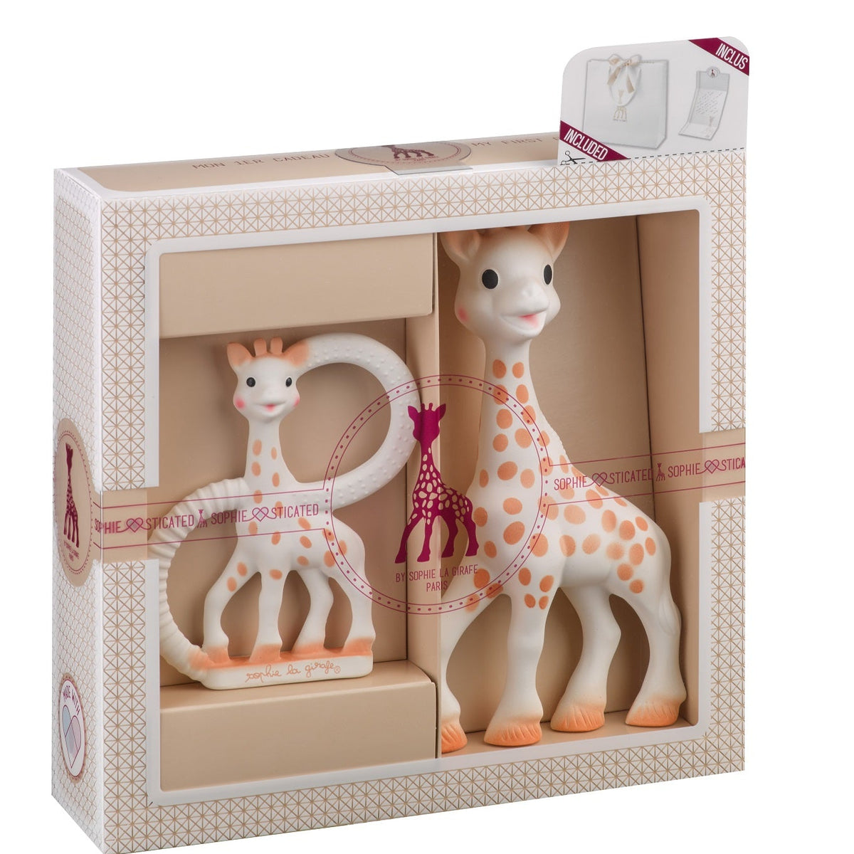 Giraffe-shaped toys in a decorative box with a visible brand logo.