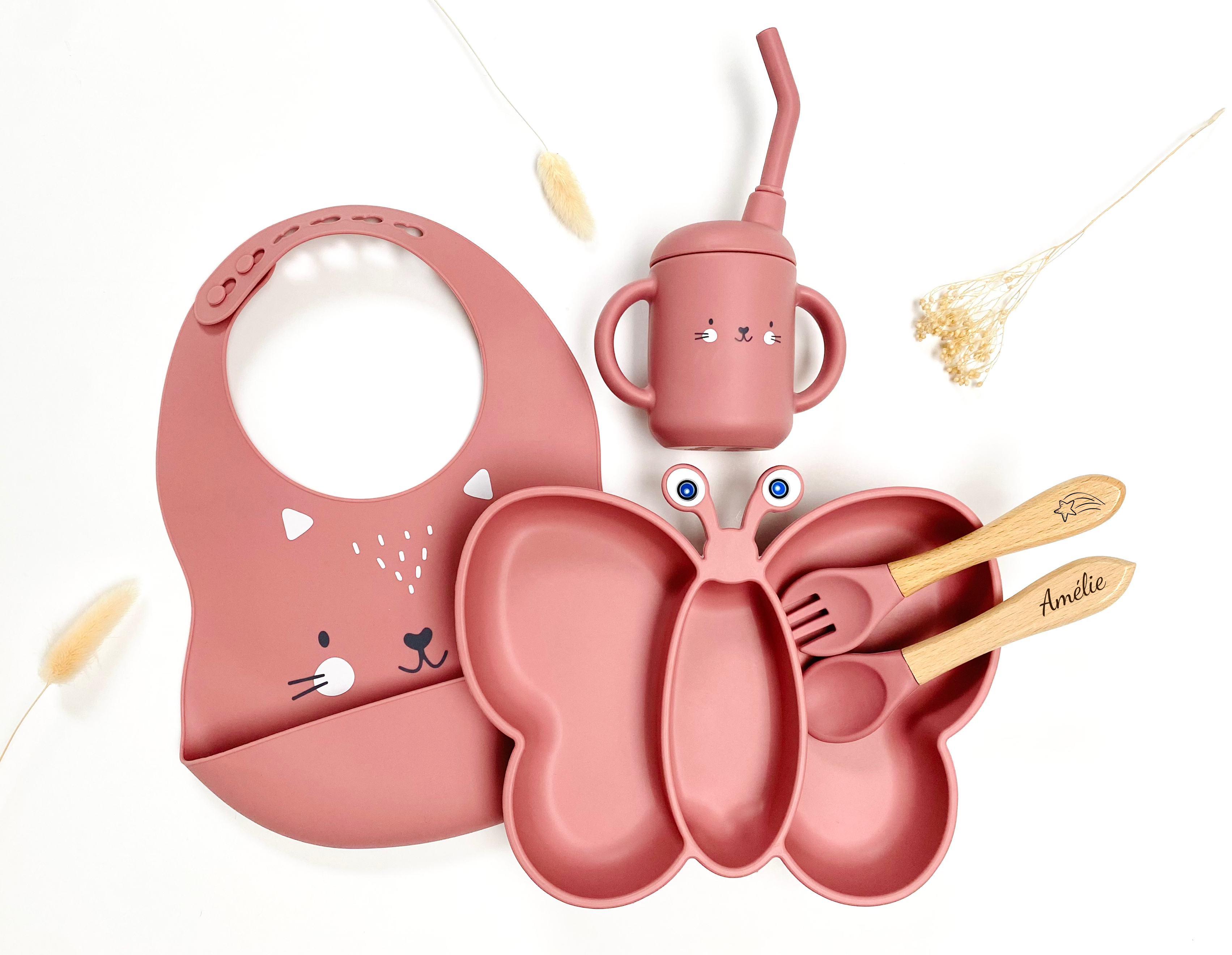 Butterfly Feeding Set – Plate with Cutlery, Bib and Straw Cup | Les Petits Citrons