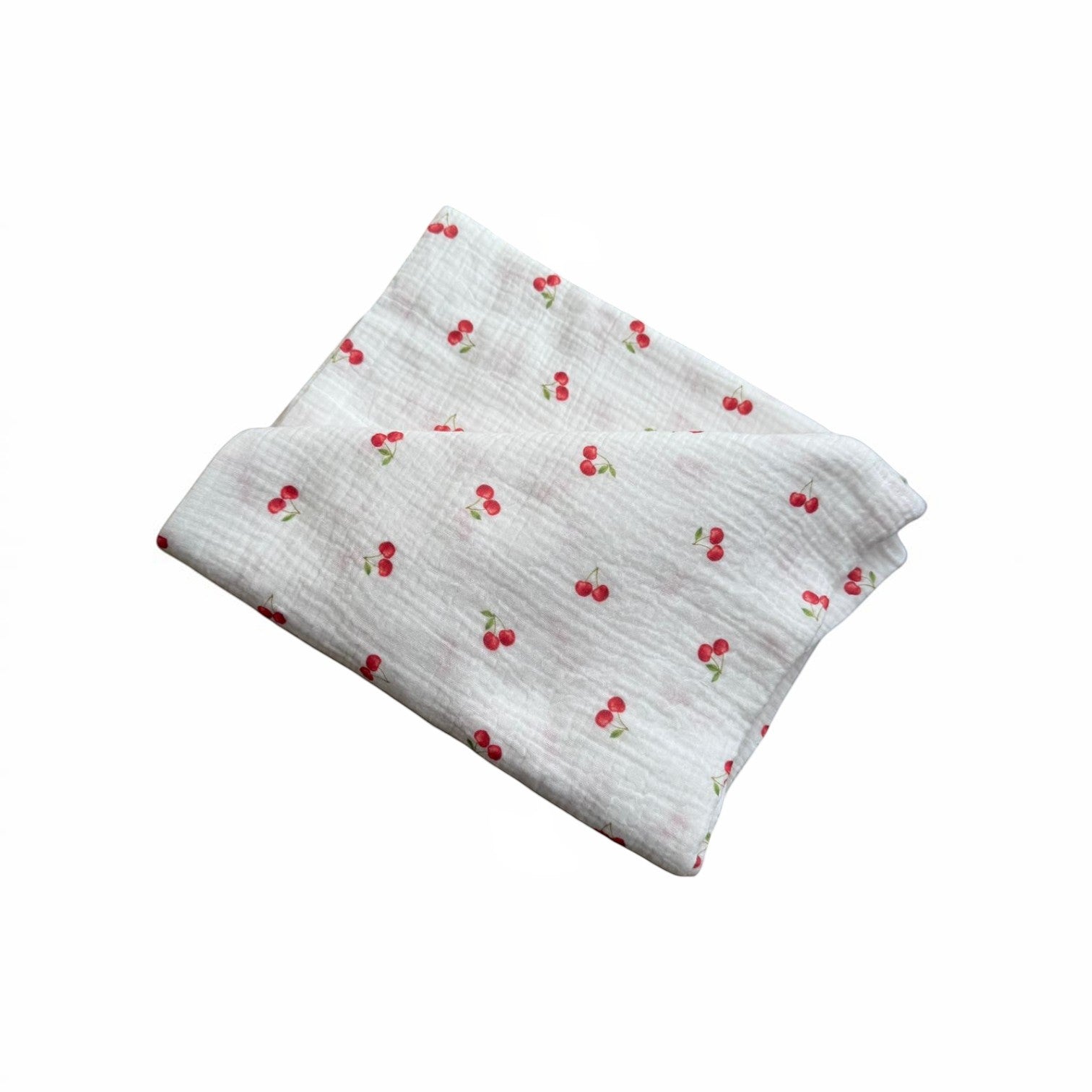 Baby Natur white 100% cotton crib sheet with a scattered red cherry print. Soft and breathable fabric.