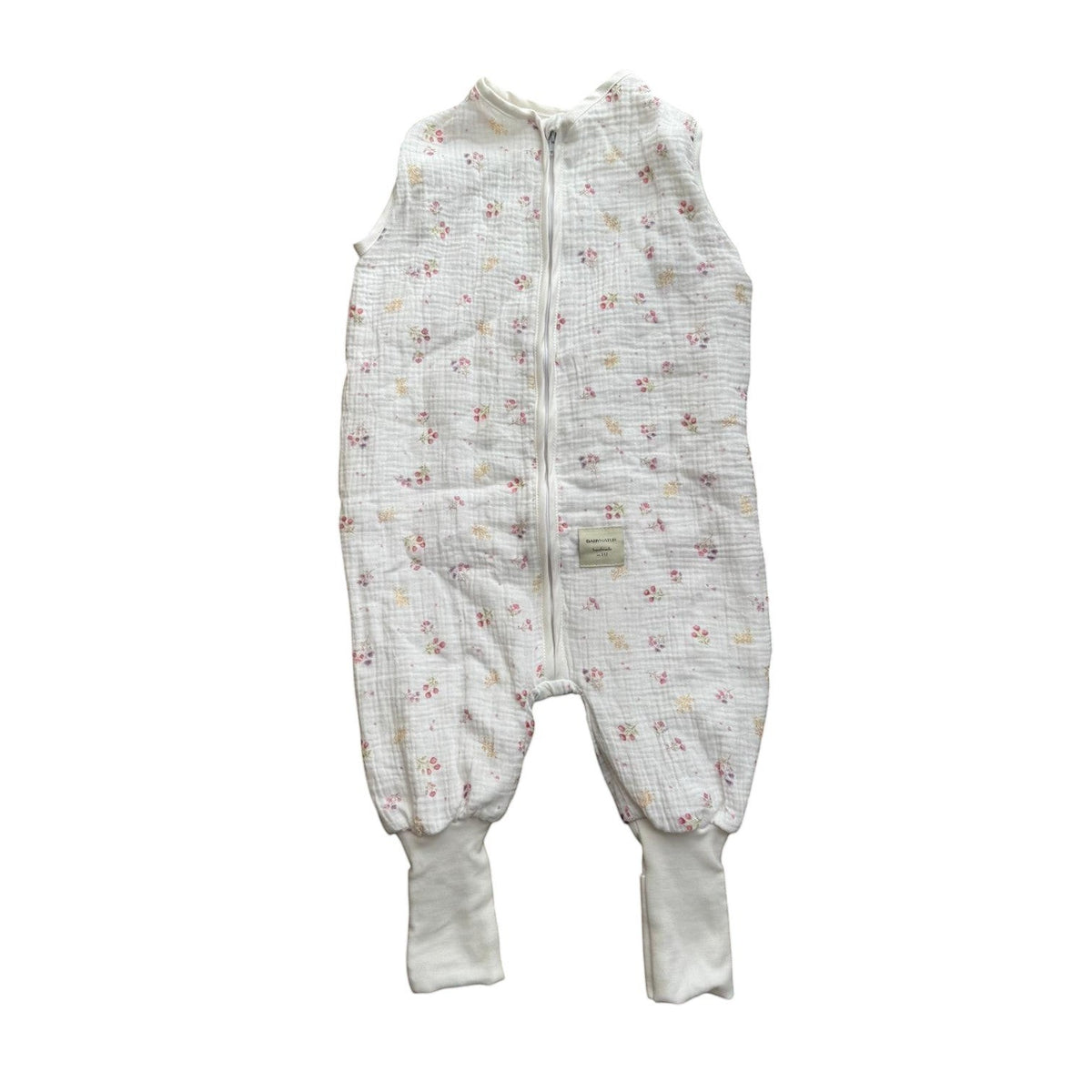 Baby Natur white muslin sleeping bag with floral print and foot cuffs. OEKO-TEX certified.