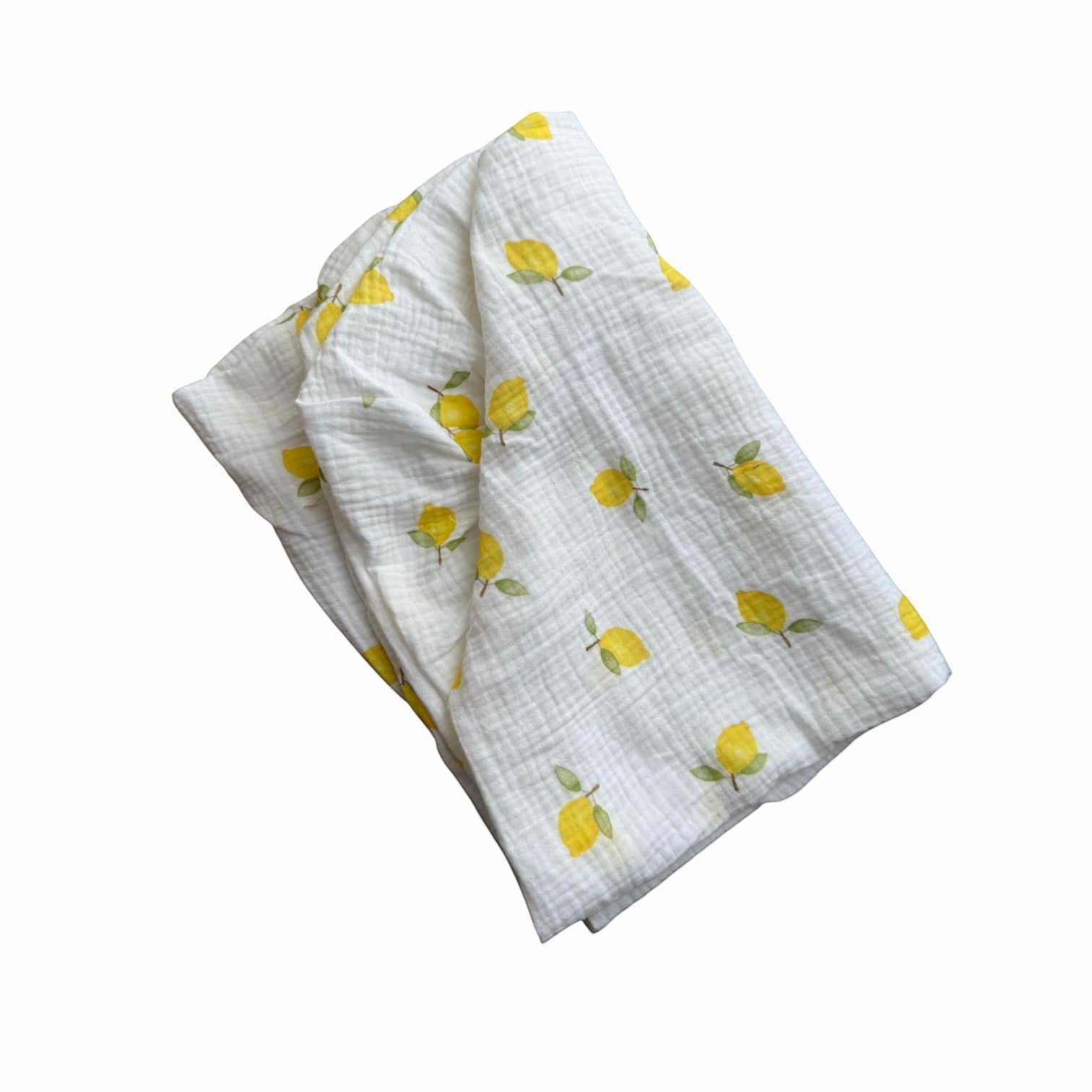 Baby Natur white 100% cotton crib sheet with a yellow lemon print. Soft, breathable, and washable.