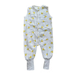 Baby Natur white muslin sleep sack with yellow lemon print, sleeveless with zipper and cuffed legs. OEKO-TEX certified.