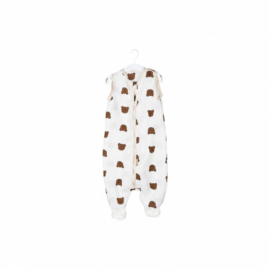 Baby Natur white muslin sleeping bag with brown bear print, sleeveless with leg openings.
