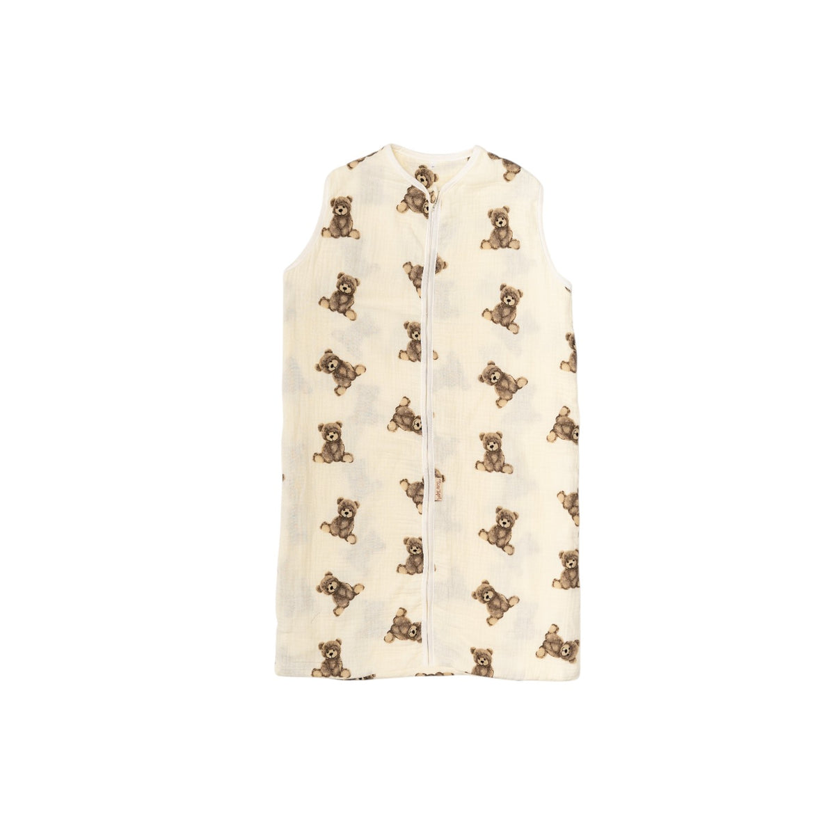 Baby Natur sleeveless sleeping bag with a teddy bear print on a cream background. Made from soft, breathable cotton.