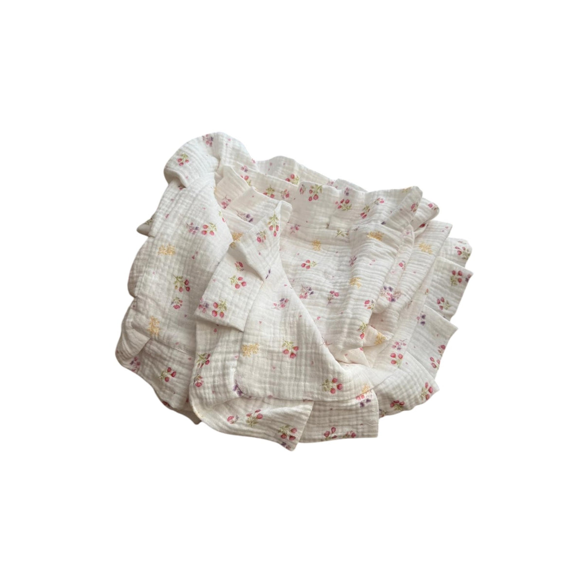 Baby NaturMuslin swaddle blankets with a delicate floral print in pink and yellow on a white background. Soft and breathable.
