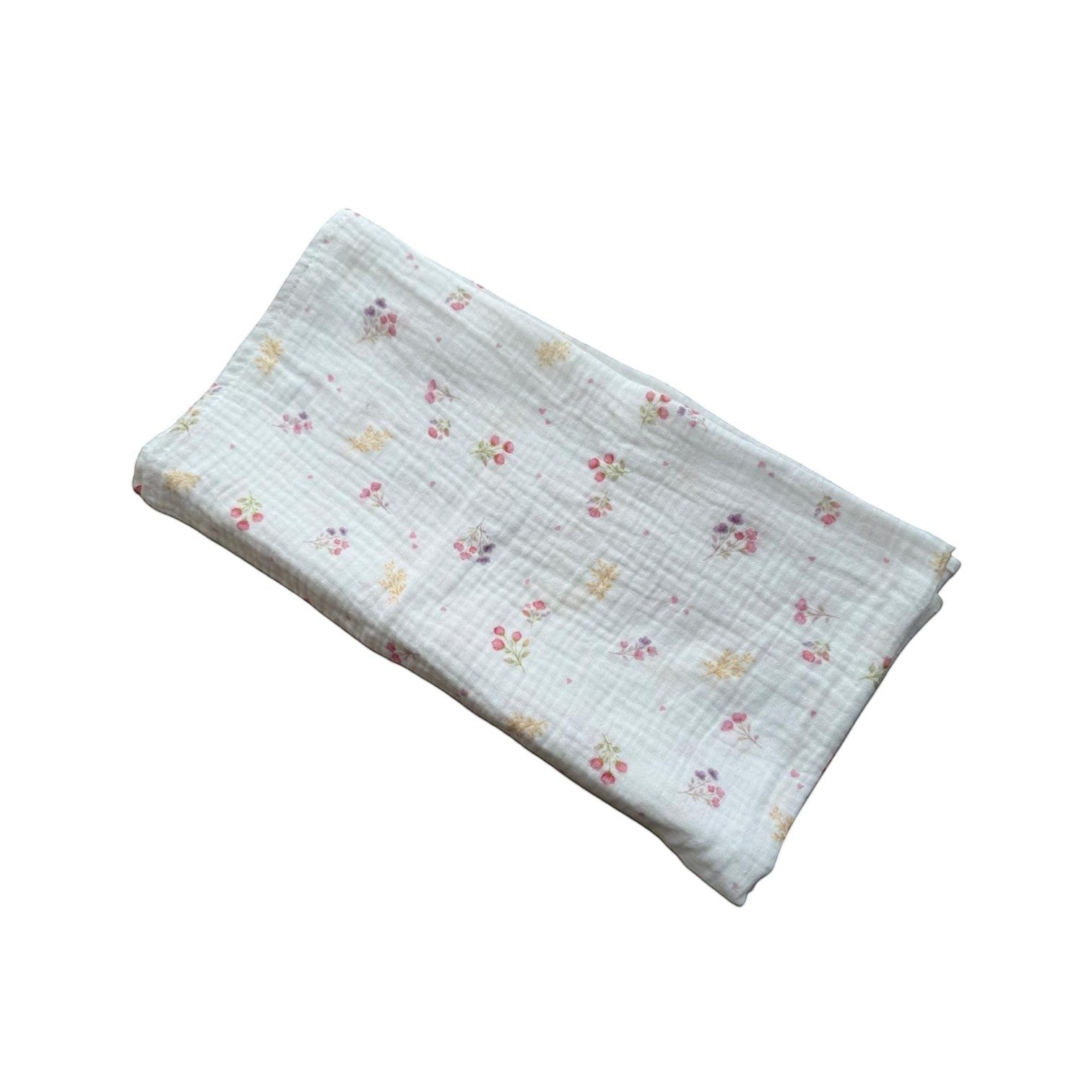 Baby NaturStandard tetra diaper made of 100% cotton with a delicate floral print in pink, purple, and yellow.