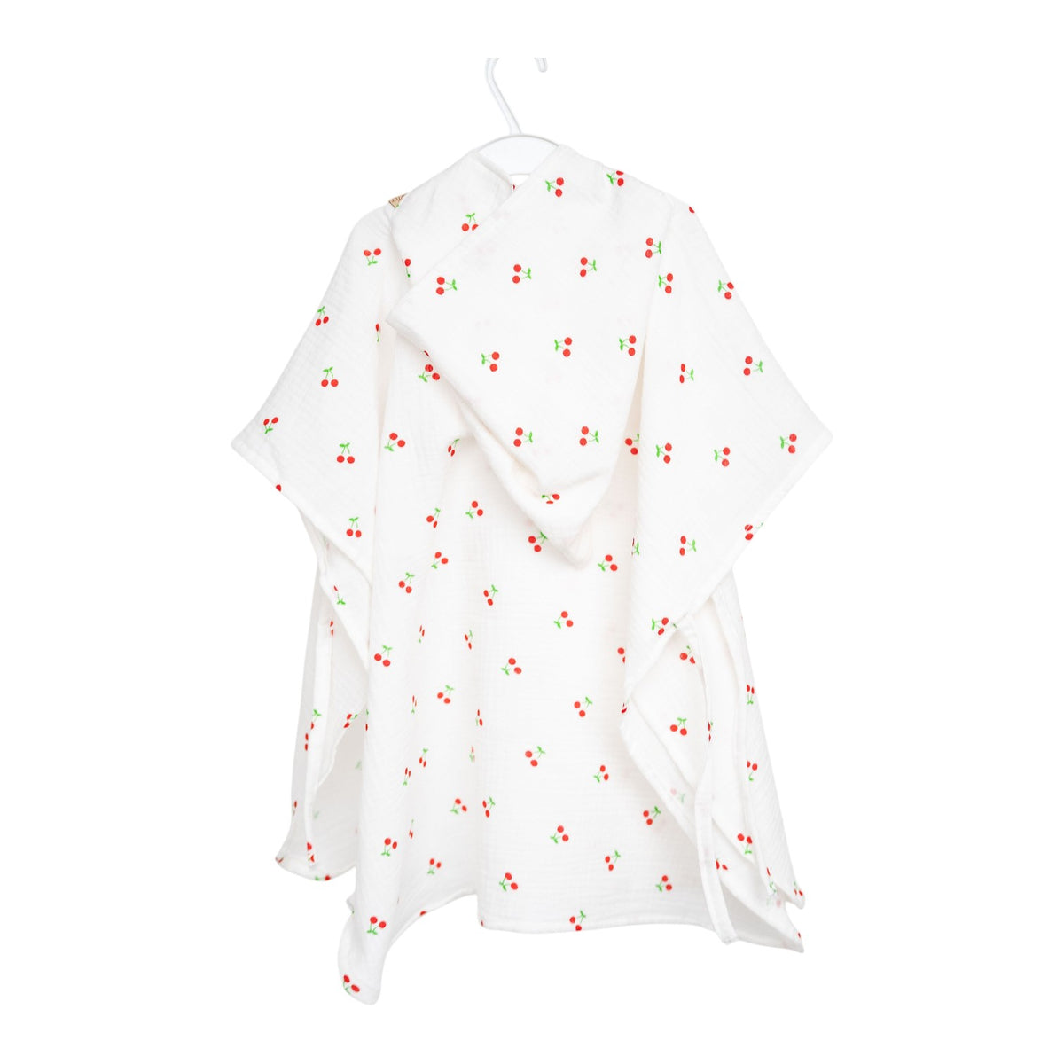 Baby Natur white muslin hooded poncho with red cherry print. Perfect for babies and toddlers.
