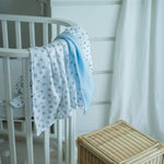 Baby NaturHere 100% cotton muslin swaddle blanket with blue polka dots and floral print