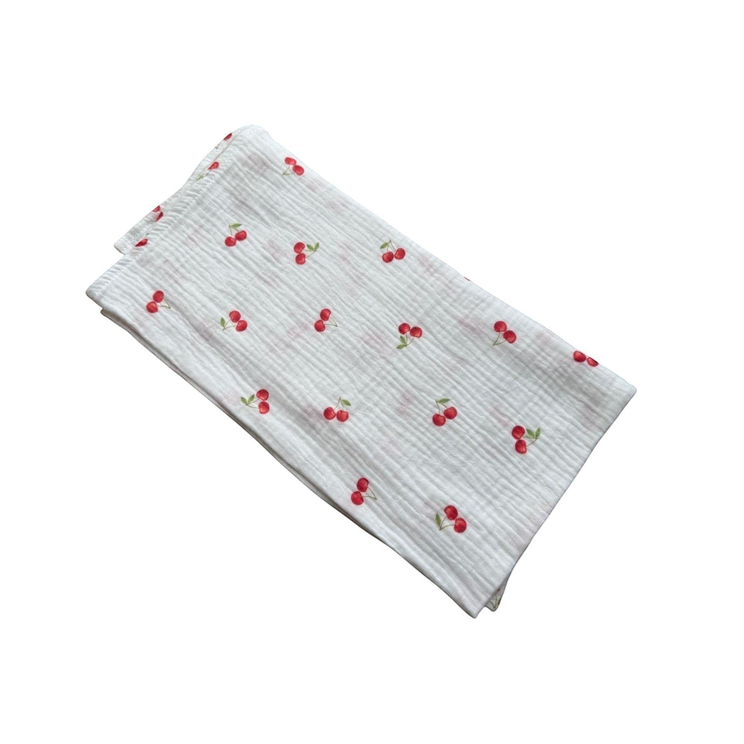 Baby NaturHere white 100% cotton muslin swaddle blanket with red cherry print. Lightweight and absorbent.